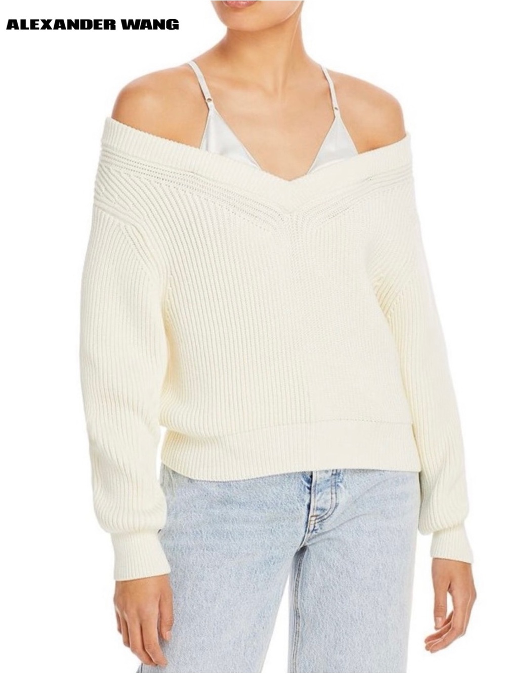 Alexander Wang Bi‑Layer Off‑Shoulder Ribbed Sweater XS Cream Satin Cami Cropped